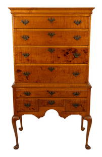 QUEEN ANN TIGER MAPLE HIGHBOY 18th Century Height 68". Width 37". Depth 20".: QUEEN ANN TIGER MAPLE HIGHBOY18th CenturyUpper case with four graduated full-width drawers. Lower case with a full-width drawer over three side-by-side drawers and cabriole legs ending in pad feet.Hei