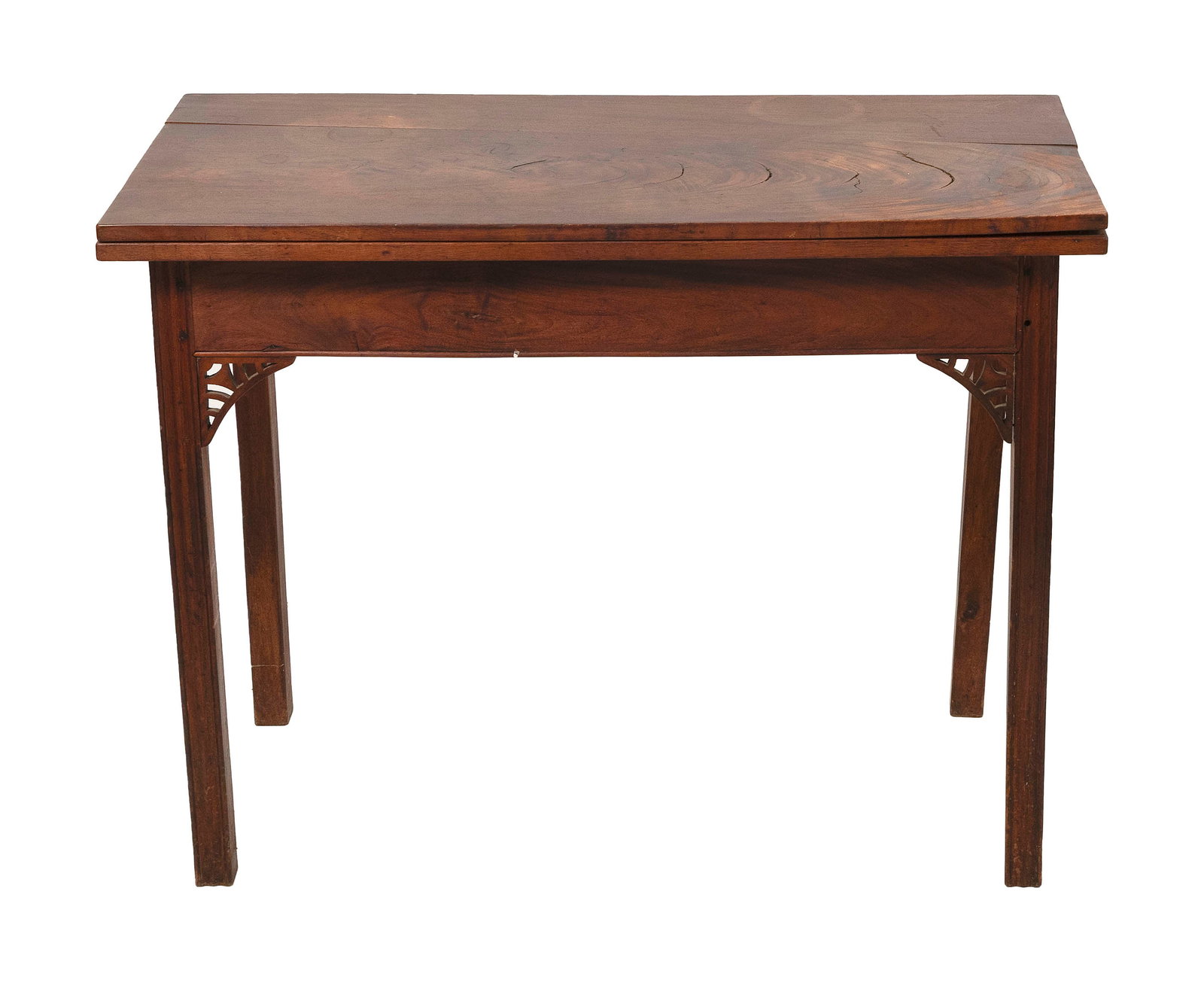 CHIPPENDALE MAHOGANY CARD TABLE 18th Century Height 28.5". Width 36". Depth 16.5".: CHIPPENDALE MAHOGANY CARD TABLE 18th Century Fluted legs with pierced corner returns. Height 28.5". Width 36". Depth 16.5".
