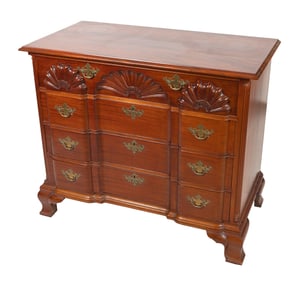 CUSTOM-MADE NEWPORT-STYLE MAHOGANY BLOCK-AND-SHELL BUREAU 20th Century Height 36.25". Width 43".