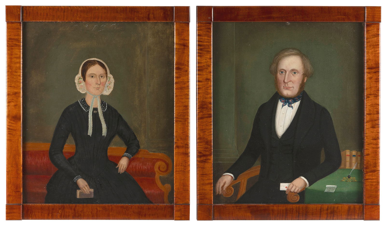 AMERICAN SCHOOL (Mid-19th Century,), Pair of portraits, presumably a husband and his wife., Oils on: AMERICAN SCHOOLMid-19th CenturyPair of portraits, presumably a husband and his wife. The wife is seated on a sofa and the husband is seated at a table, his hand resting next to a note inscribed "J. Jo
