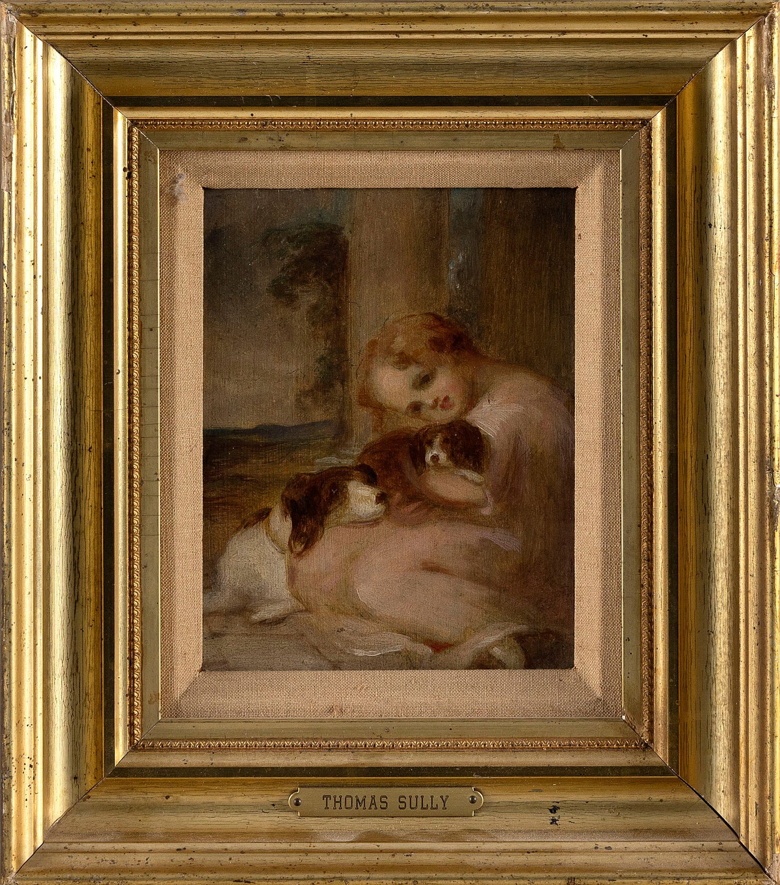 MANNER OF THOMAS SULLY (America, 19th Century), Portrait of a young boy and his dogs., Oil on: MANNER OF THOMAS SULLYAmerica, 19th CenturyPortrait of a young boy and his dogs. Unsigned. Label verso ascribes the work to Sully and notes the subject is his grandson, Francis Thomas Sully Darley.Oil