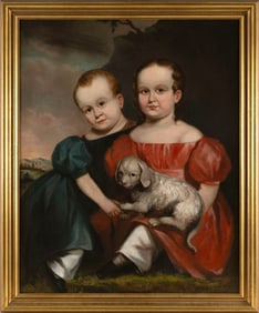 AMERICAN SCHOOL (19th Century,), Portrait of two children and their dog., Oil on canvas, 34" x 27".