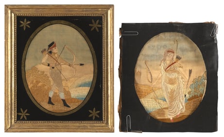 PAIR OF NEEDLEWORK PICTURES DEPICTING ARCHERS 19th Century Images 9" x 7". Framed 13.5" x 11.5".
