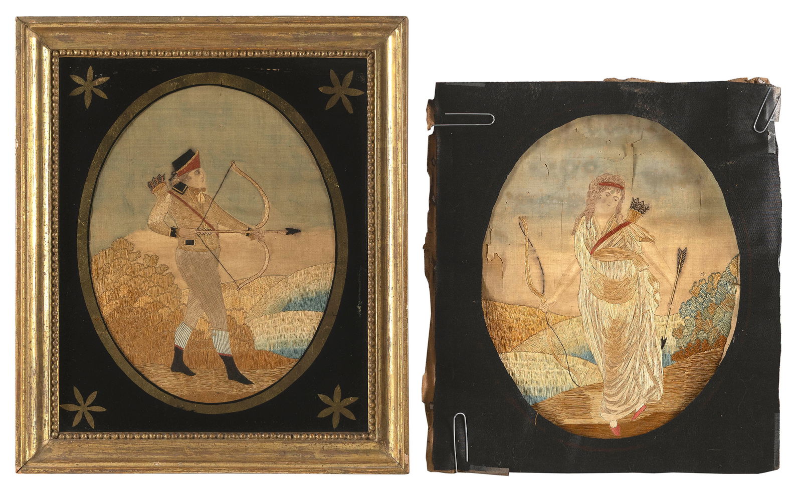 PAIR OF NEEDLEWORK PICTURES DEPICTING ARCHERS 19th Century Images 9" x 7". Framed 13.5" x 11.5".: PAIR OF NEEDLEWORK PICTURES DEPICTING ARCHERS19th CenturyPainted and embroidered silk classical-style portraits of a male and female archer.Images 9" x 7". Framed 13.5" x 11.5".