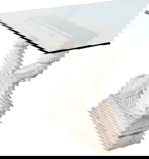 NEOCLASSICAL PEDESTAL DINING TABLE Height 30.5". Length 70". Width 50".: NEOCLASSICAL PEDESTAL DINING TABLEWhite marble pedestals exceptionally carved as pairs of Venetian-style dolphins on waves. Thick glass top.Height 30.5". Length 70". Width 50".