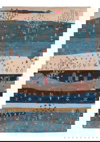 ORIENTAL RUG IN A TRIBAL VILLAGE LANDSCAPE DESIGN: 6'0" X 8'7" 21st Century