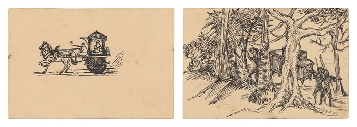 NANDALAL BOSE (India, 1882-1966), Two works:, Pen and ink on cards, 2.75" x 4". Unframed.