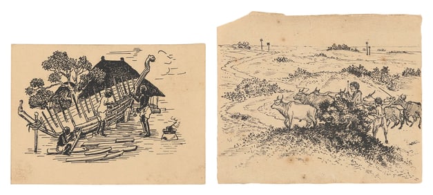 NANDALAL BOSE (India, 1882-1966), Two works:, Pen and ink on cards, 3" x 3.5" and 2.5" x 3.5".