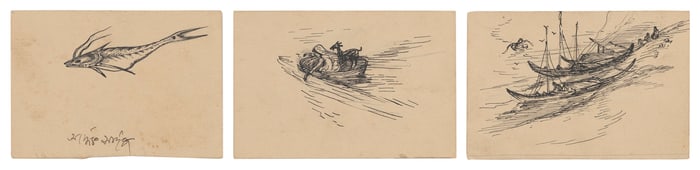 NANDALAL BOSE (India, 1882-1966), Three seafaring works:, Pen and ink on cards, 2.75" x 4".