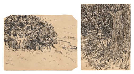 NANDALAL BOSE (India, 1882-1966), Two bucolic scenes:, Pen and ink on cards, 3" x 4" and 3.5" x