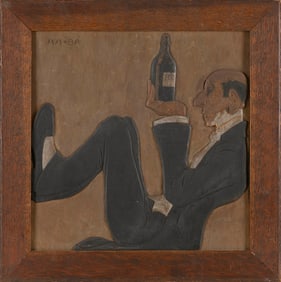 CARVED AND POLYCHROMED PLAQUE DEPICTING A MAN HOLDING A BOTTLE OF WINE Early 20th Century 15" x