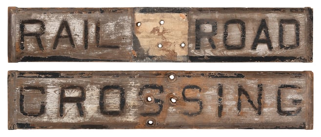 "RAILROAD CROSSING" PAINTED WOODEN RAILROAD CROSSING SIGN Early 20th Century Each board 9" x 42".