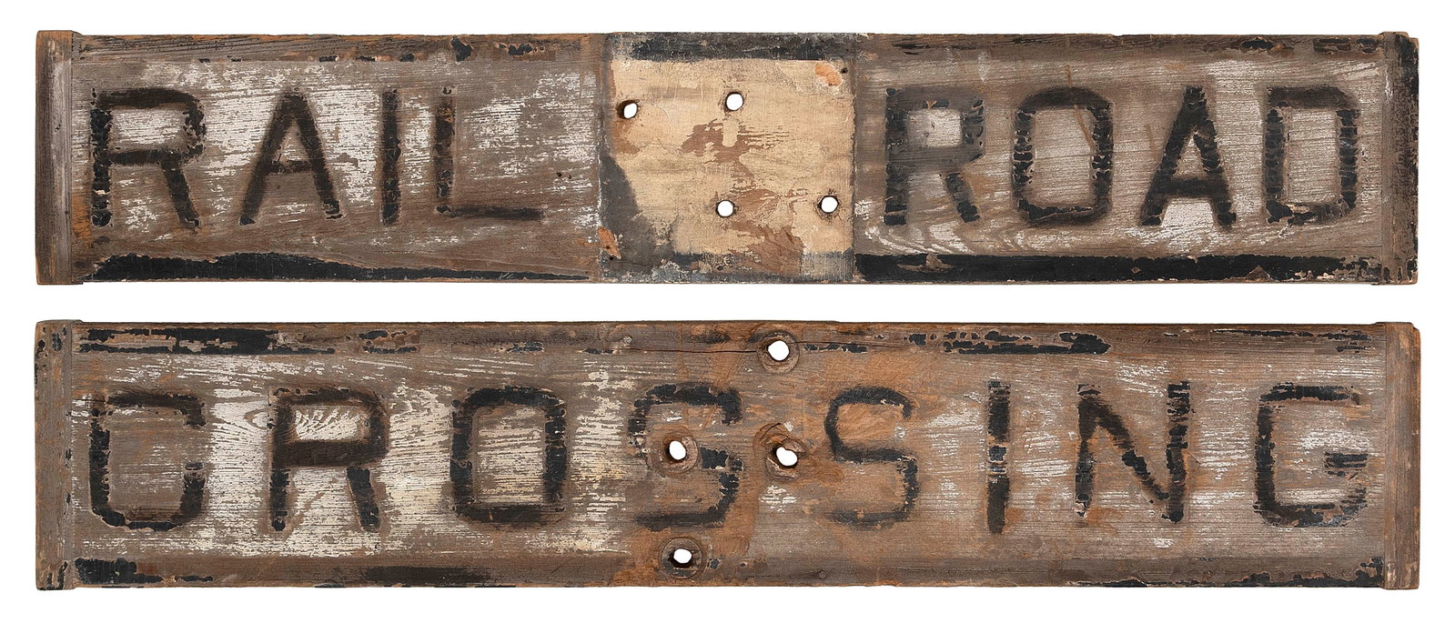 "RAILROAD CROSSING" PAINTED WOODEN RAILROAD CROSSING SIGN Early 20th Century Each board 9" x 42".: "RAILROAD CROSSING" PAINTED WOODEN RAILROAD CROSSING SIGN Early 20th Century From the Old Colony Railroad. Two boards, one with "Rail Road" and the other with "Crossing", arrange to form an X. Both wi