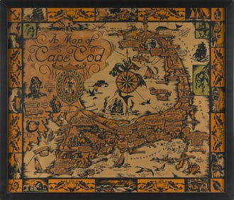 RARE DECORATIVE MAP OF CAPE COD Circa 1930 22.75" x 27" sight. Framed 29" x 25".