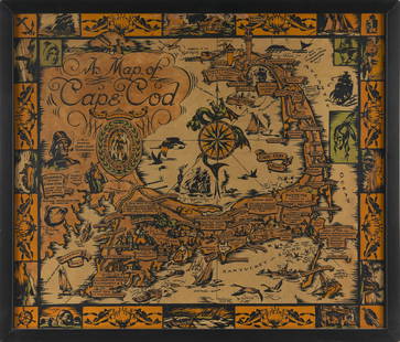 RARE DECORATIVE MAP OF CAPE COD Circa 1930 22.75" x 27" sight. Framed 29" x 25".: RARE DECORATIVE MAP OF CAPE CODCirca 1930Published by the Town Crier Shop, Provincetown, Massachusetts.22.75" x 27" sight. Framed 29" x 25".