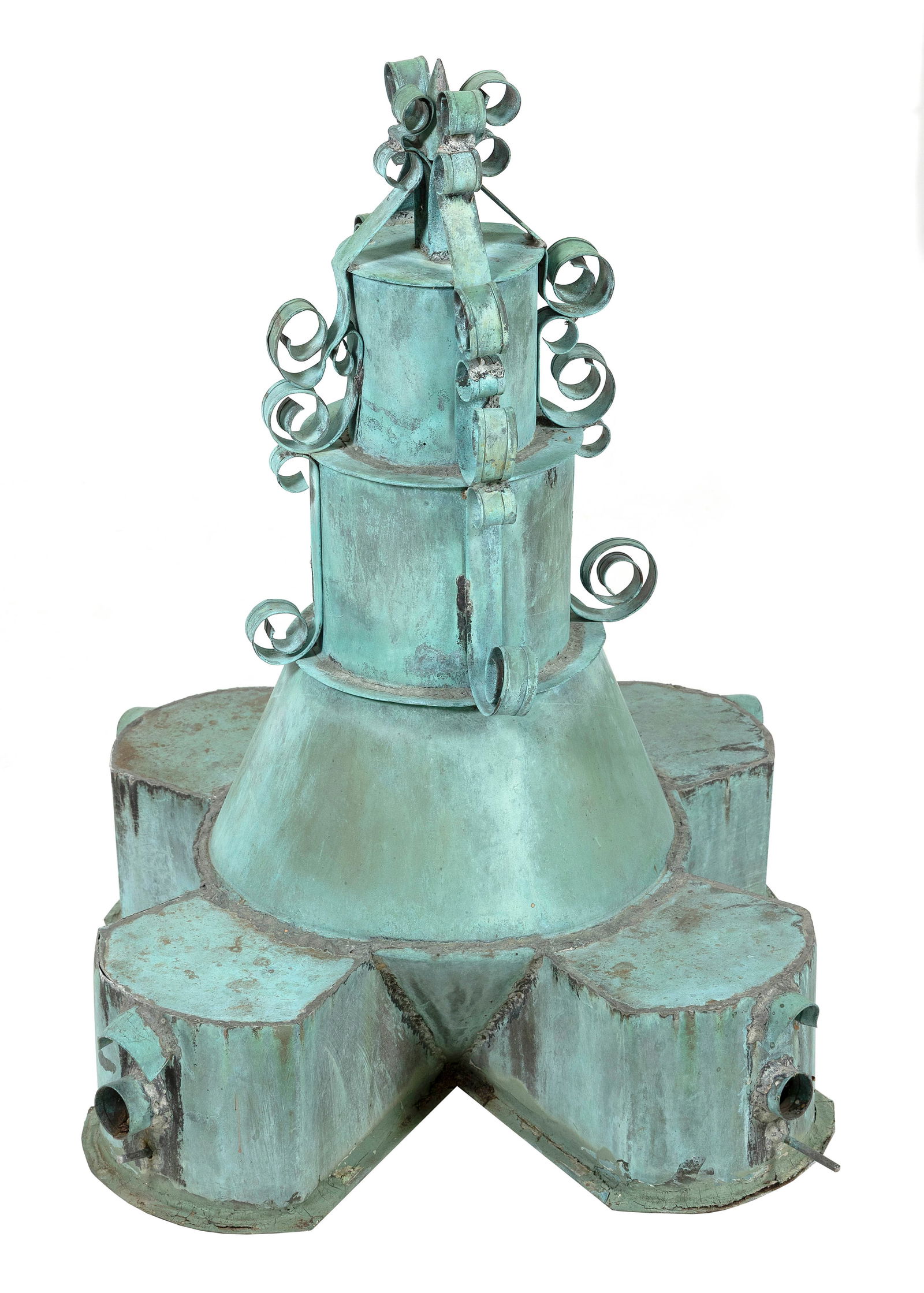 COPPER BIRD HOUSE FOUND ON NANTUCKET Late 19th Century Height 32". Length 22". Width 23".: COPPER BIRD HOUSE FOUND ON NANTUCKETLate 19th CenturyIn the form of a four-tier wedding cake with lobed base. Green patina.Height 32". Length 22". Width 23".