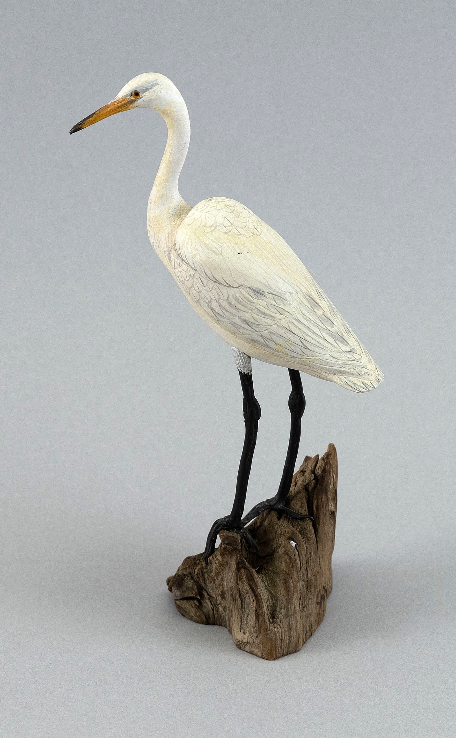 STEVE WEAVER MINIATURE GREAT EGRET Sandwich, Massachusetts, Contemporary Height 6.25".: STEVE WEAVER MINIATURE GREAT EGRETSandwich, Massachusetts, ContemporaryMounted on a driftwood base. Signed "Steve A. Weaver". Dated 1991.Height 6.25". Provenance:The Collection of Arthur "Bud" Jannitt
