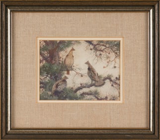 AIDEN LASSELL RIPLEY (Massachusetts/New York, 1896-1969), "Three Grouse"., Watercolor, 5.5" x 7.25".