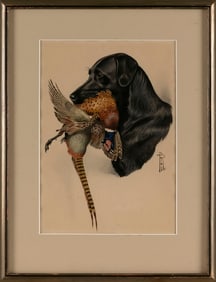 BORIS RIAB (Russian Federation/America, 1898-1975), A black lab retrieving a pheasant., Watercolor