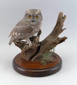 FLOYD L. SCHOLZ LIFE-SIZE GRAY SCREECH OWL Vermont, 1958- Height 14".