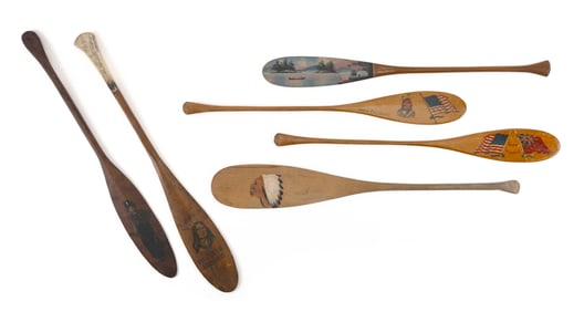 SIX SOUVENIR MINIATURE PADDLES FROM THE THOUSAND ISLANDS AREA Early 20th Century Lengths from 22" to