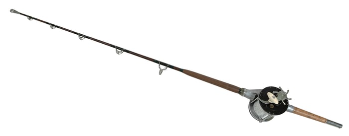 OCEAN CITY BIG GAME DEEP SEA REEL AND CONTIGUOUS ROD 20th Century Reel side plate diameters approx.