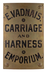 "CARRIAGE AND HARNESS EMPORIUM" BRASS SIGN 19th Century Height 24". Width 15".