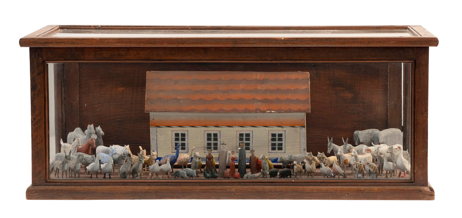 GERMAN CARVED AND PAINTED WOODEN NOAH'S ARK Late 19th Century Ark length 15". Case length 28.5".: GERMAN CARVED AND PAINTED WOODEN NOAH'S ARK Late 19th Century Includes 66 animals and figures. Displayed in a glass and wood case. Ark length 15". Case length 28.5".