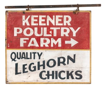 "KEENER POULTRY FARM" PAINTED WOODEN SIGN 20th Century Height 30". Width 36".