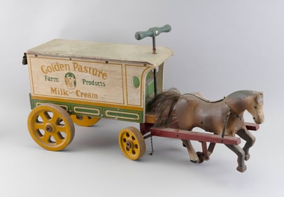 "GOLDEN PASTURE" CHILD'S RIDE-ON HORSE-DRAWN WAGON TOY Early 20th Century Total length 30".