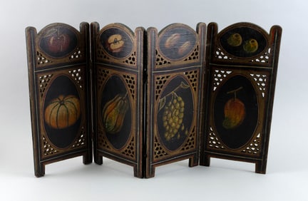 CARVED AND PAINTED WOODEN FOUR-PANEL TABLE SCREEN Late 19th Century Height 15". Total length 27.25".