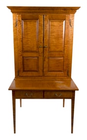 DAVID S. MORRIS TIGER MAPLE CUPBOARD DESK Danville, Pennsylvania, 20th Century Height 76". Width