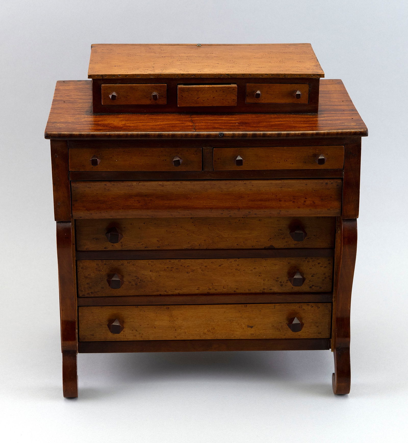 MINIATURE EMPIRE CHEST 19th Century Height 13". Width 12". Depth 7".: MINIATURE EMPIRE CHEST19th CenturyIn bird's-eye maple and maple.Height 13". Width 12". Depth 7".