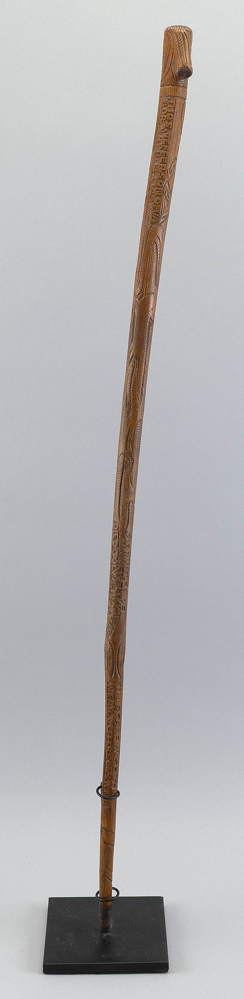 THOMAS JEFFERSON CRADDOCK CARVED MAPLE CANE Circa 1880 Length 35.5".: THOMAS JEFFERSON CRADDOCK CARVED MAPLE CANECirca 1880Includes iron stand.Length 35.5".