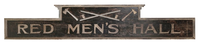 "RED MEN'S HALL" CARVED, APPLIED AND PAINTED SIGN Late 19th/Early 20th Century Height 26.5".