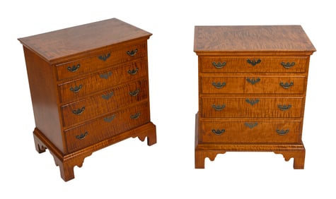 PAIR OF DIMINUTIVE ELDRED WHEELER TIGER MAPLE BUREAUS Massachusetts, 20th Century Height 28". Width