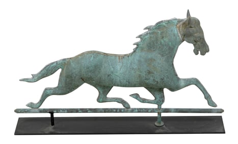 COPPER RUNNING HORSE WEATHER VANE Circa 1930 Height 21". Length 24".