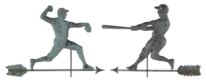 PAIR OF COPPER BASEBALL PLAYER WEATHER VANES 20th Century Heights 26" and 27". Lengths 35".