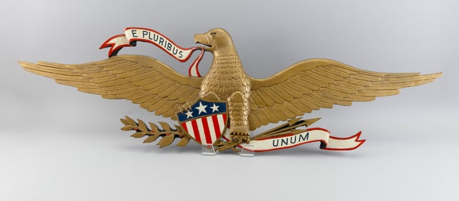 CAPTAIN FRANK JAEGER EAGLE PLAQUE Rockport, Maine, 20th Century Height 13.75". Length 46.25".
