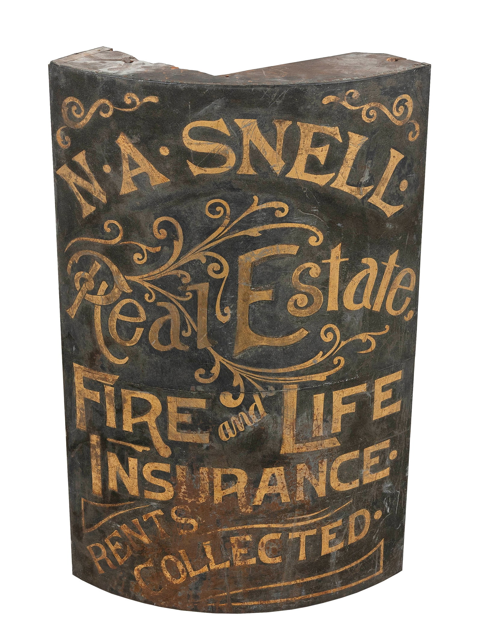 PAINTED WOODEN TRADE SIGN 19th Century Height 36". Width 22.5". Depth 8".: PAINTED WOODEN TRADE SIGN 19th Century Rounded as if once mounted on a column. "N.A. Snell Real Estate Fire and Life Insurance Rents Collected" in gold lettering against a black ground. Height 36". Wi