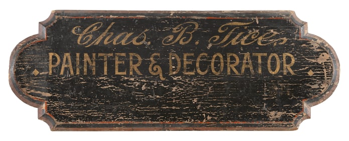 "CHAS B. TICE PAINTER & DECORATOR." PAINTED WOODEN SIGN 19th Century Height 12". Length 32".