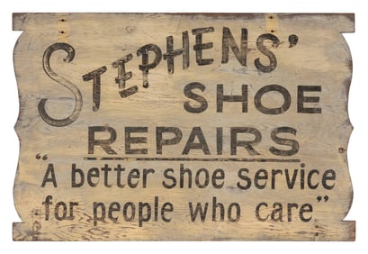 "STEPHENS' SHOE REPAIRS" PAINTED WOODEN SIGN Early 20th Century Height 24". Width 36".