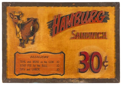 "HAMBURG SANDWICH 30C" CARVED AND PAINTED WOODEN SIGN 20th Century Height 23.5". Width 34".