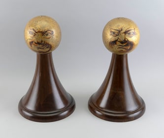 PAIR OF HUMOROUSLY DECORATED WIG STANDS 19th Century Heights 17".