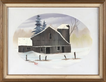 BOB (ROBERT NORMAN) ROSS (Florida, 1942-1995), Snow-capped barn and trees behind a post and wire