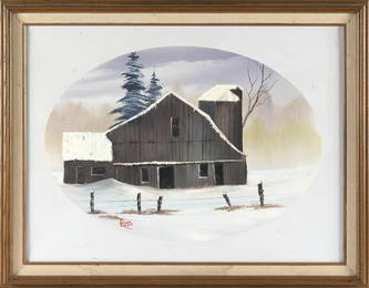 BOB (ROBERT NORMAN) ROSS (Florida, 1942-1995), Snow-capped barn and trees behind a post and wire