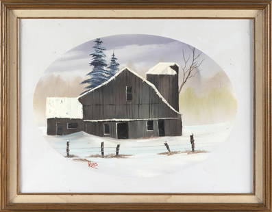 BOB (ROBERT NORMAN) ROSS (Florida, 1942-1995), Snow-capped barn and trees behind a post and wire: BOB (ROBERT NORMAN) ROSS Florida, 1942-1995 Snow-capped barn and trees behind a post and wire fence. Signed lower left "Ross". Tag from PBS Rhode Island Auction 36 affixed verso, marked "Item No.: