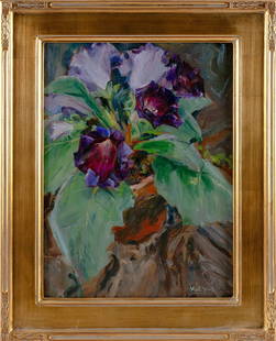 KARL JULIUS HEINRICH YENS (California/Germany, 1868-1945), "Gladiolus"., Oil on board, 16" x 12".: KARL JULIUS HEINRICH YENS California/Germany, 1868-1945 "Gladiolus". Signed lower right "Karl Yens". Signed and titled verso "Gladiolus - Beauties of the [...] Karl Yens Laguna Beach, California".