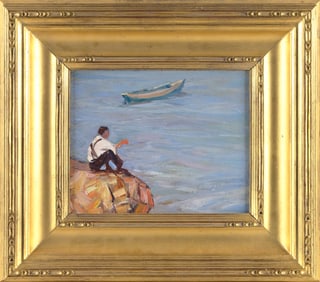 CHARLES HERBERT WOODBURY (Maine/Massachusetts, 1864-1940), "Fishing"., Oil on board, 8.25" x 10.25".