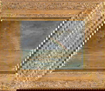 CHARLES HERBERT WOODBURY (Maine/Massachusetts, 1864-1940), "A Rainbow"., Oil on canvas, 8" x 10".: CHARLES HERBERT WOODBURY Maine/Massachusetts, 1864-1940 "A Rainbow". Unsigned. Titled on a label verso for Vose Galleries, Boston. Housed in a Guido frame. Oil on canvas, 8" x 10". Framed 14" x 16". 